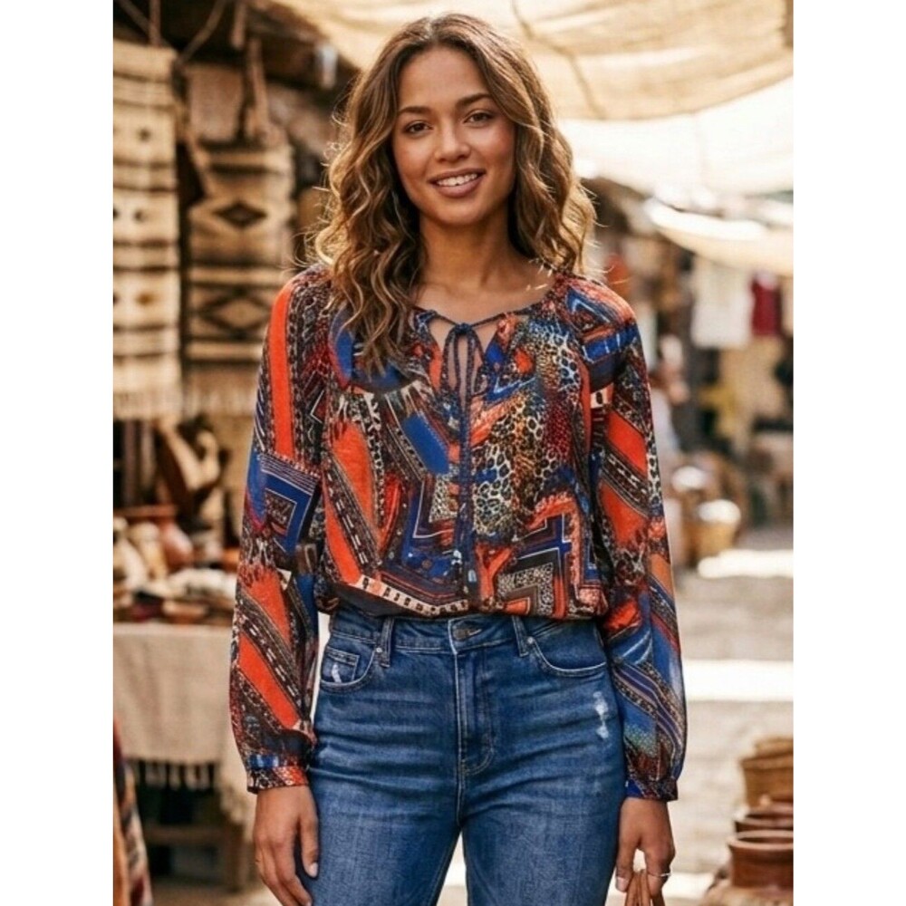 {NY Collection} Women's Abstract Print Long Sleeve Button Down Blouse - Size S